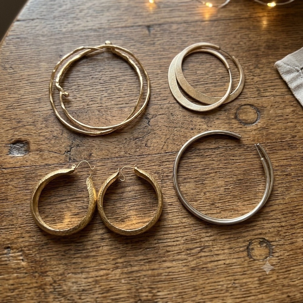 VTG Gold Tone Hoop Earrings Lot 4 Pairs Etched Textured Organic Flat Tapered Y2K